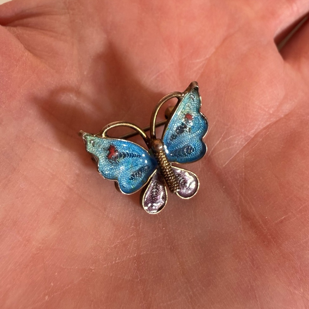 Antique 800 silver deco Filagree blue plique-a-jour Enamel tiny Butterfly brooch - Picture 12 of 17